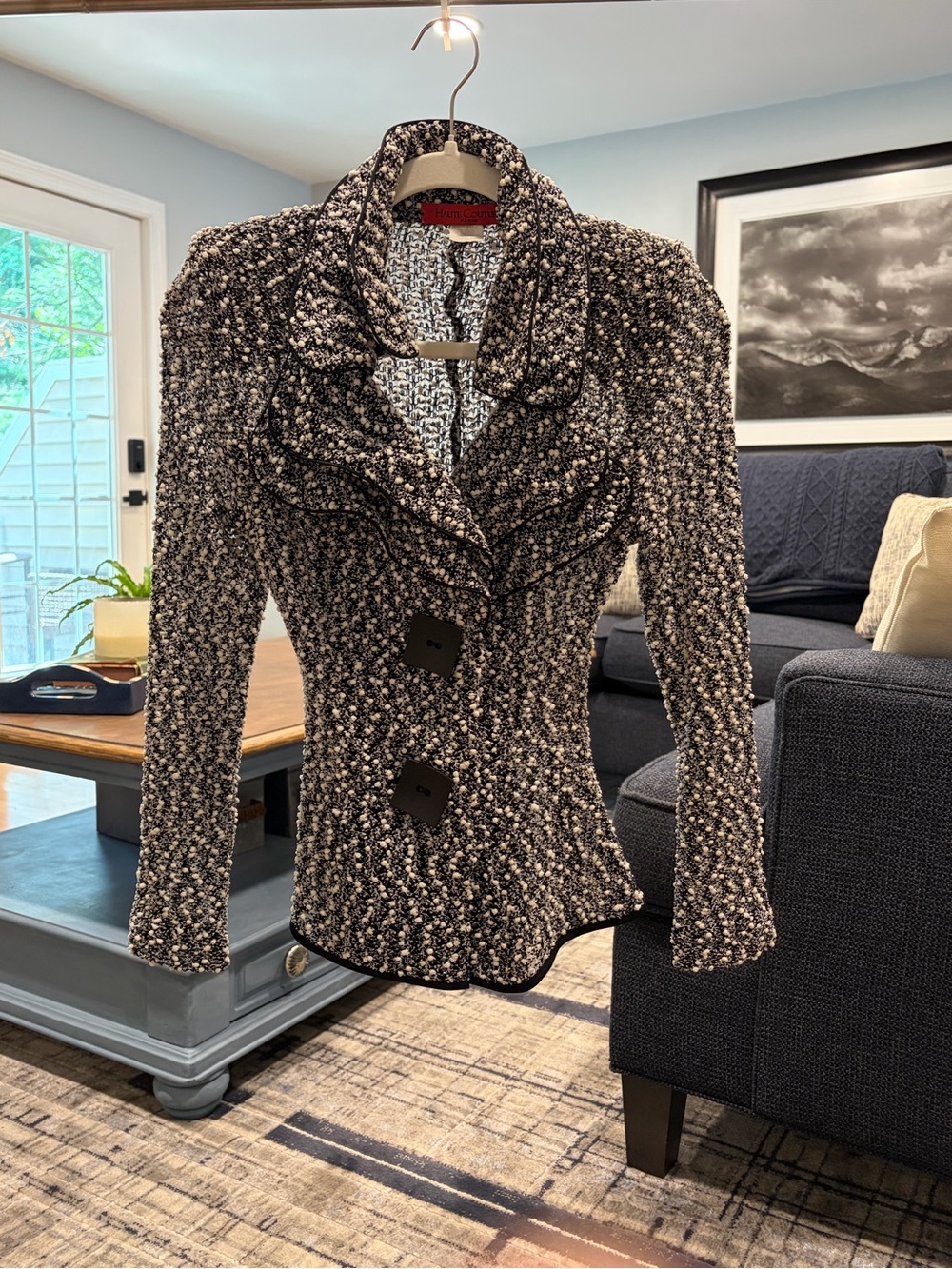 Womens Black & White Textured Ruffle Collar Jacket